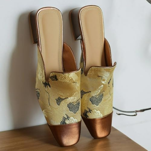 Retro Elegant Crane Embroidery Slippers for Women Satin & Ultra-Suede Upper Anti-SlipRubber Soles Indoor Outdoor Slippers2