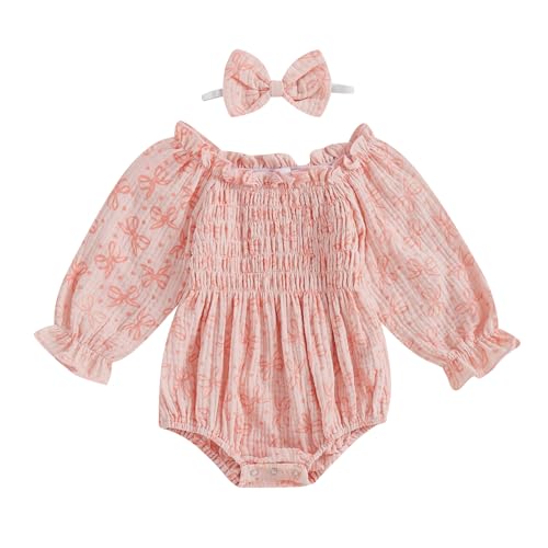Image of Aiwpstoin Infant Baby Girl Floral Romper Outfit Cotton Linen Smocked Bodysuit Long Sleeve Boho Clothes with Headband