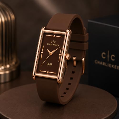 Image of CHARLIEKEEN Slim Rectangular Mens Analog Watch (Brown, Brown, Rose Gold) | SILICONE STRAP