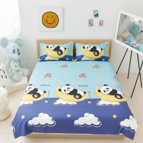 Image of Filymore Kids Double Bedsheet Set with 2 Pillow Covers - Cloud Panda Theme, 240 TC Soft Microfiber Bed Sheet for Double Bed (90x90 Inches), Breathable & Skin-Friendly Kids Bedding, Sky Blue & Purple