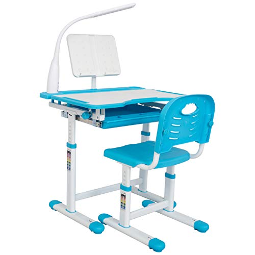 JAHRSTIM Kids Table and Chair Set with Lamp, Toddler Kids Student Desk Chair Homeschool Writting Reading Study Small Table Furniture, Height Adjutable, Pull Out Drawer, Bookstand, Blue