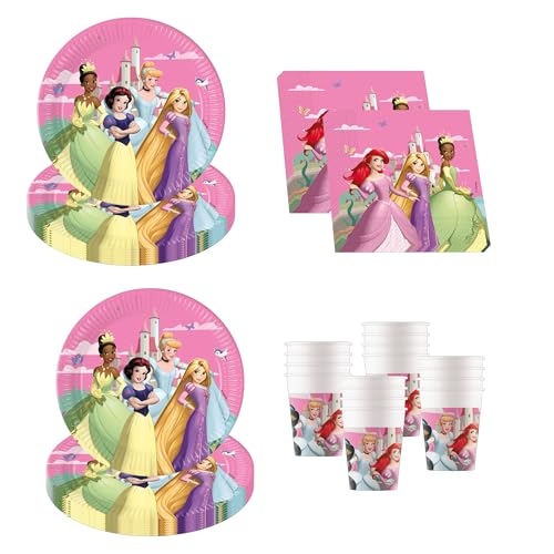 Procos - Disney Princess Create Your World décoration d'anniversaire, 52 pièces, assiettes en carton, gobelets et serviettes pour anniversaire d'enfant, vaisselle de...