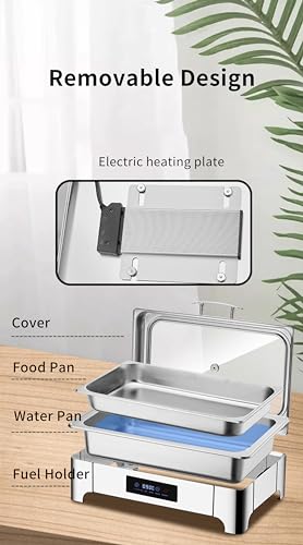 Juego de platos de acero inoxidable de 9 L con tapa abatible visible y control de temperatura LED para catering, bufé, eventos, banquetes, equipo de servicio de alta calidad