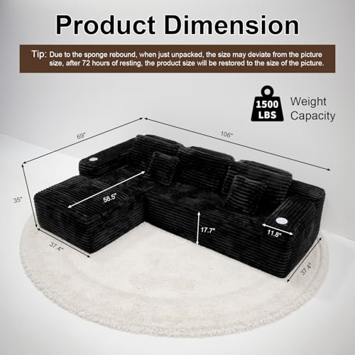 Image of KCGKCG 106 inch Cloud Sectional Couch with L Shape Chaise, Modern Frameless Modular Sofa with Cup Holders, Higher 17.7 inch Seat Height, 32D Pure Foam, No Assembly for Apartment (Black, Left Facing Chaise)