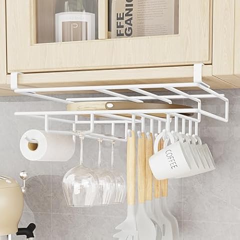 SOLEJAZZ Mug Hooks Under Cabinet Coffee Cups Holder Hanger, Nail Free Adhesive Under Shelf Mug Storage Organizer, Multi-Function for Cups, Kitchen Tissue & Utensils, Cutting Board Storage, White Cover