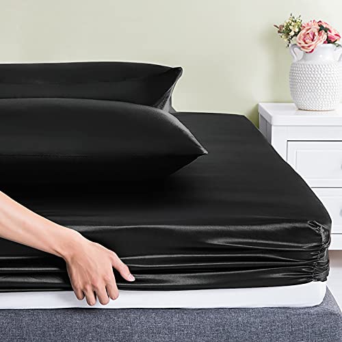 Rudong M 3 Piece Black Satin Sheets Twin Size Satin Bed Sheets Set Silky Satin Sheet With 1 Deep Pocket Fitted Sheet+1 Flat Sheet+1 Pillowcase #TOP4