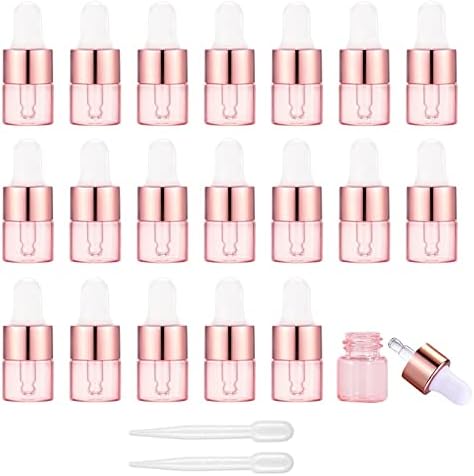 Alledomain 20Pcs, 1Ml Rose Gold Glass Sample Dropper Bottles, Empty Mini Bottles with Dropper Pipettes Aluminum Alloy Cap Refillable Sample Containers for Essential Oils Perfume Aromatherapy Blends