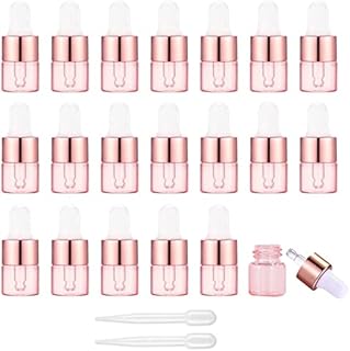 Alledomain 20Pcs, 1Ml Rose Gold Glass Sample Dropper Bottles, Empty Mini Bottles with Dropper Pipettes Aluminum Alloy Cap Refillable Sample Containers for Essential Oils Perfume Aromatherapy Blends