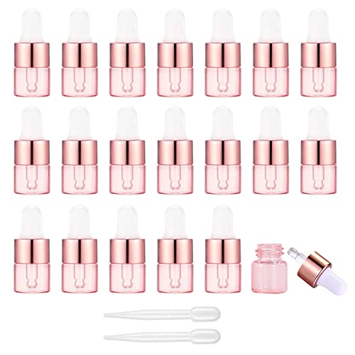 Alledomain Lot de 20 flacons compte-gouttes vides en verre or rose de 1 ml avec pipettes compte-gouttes en alliage d'aluminium rechargeables pour huiles essentielles, parfum, aromathérapie Cover