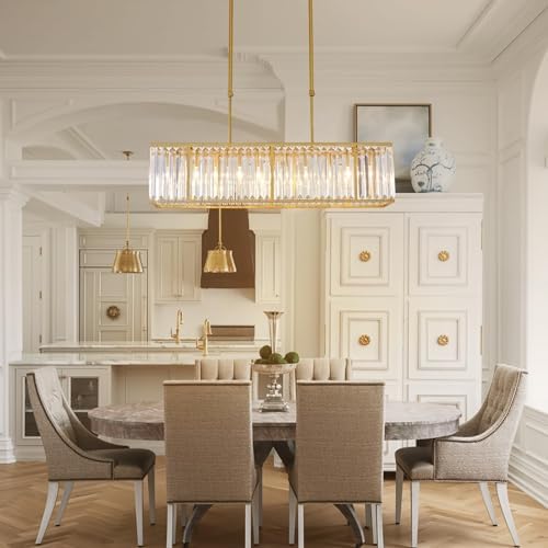 Modern Rectangular Chandelier Gold Dining Room Crystal Chandelier 5 Lights Gold Linear Chandelier Crystal Light Fixture Pendant Light for Dining Room Kitchen Island L33.5 x W8.7 x H8.7