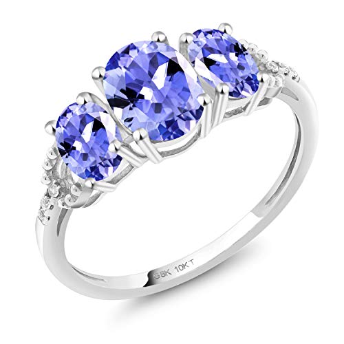 Gem Stone King 10K White Gold Blue Tanzanite and Diamond Accent 3-Stone Engagement Ring for Women | 1.67 Cttw | Oval 7X5MM and 6X4MM | Gemstone Birthstone | Available In Size 5, 6, 7, 8, 9