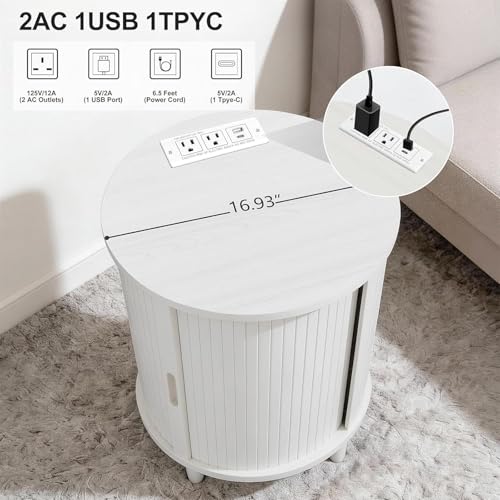 Image of DHH Round End Table with Storage & Charging Station, Fluted Accent Side Table with Sliding Door & Adjustable Shelf, Mid-Century Nightstand for Small Spaces, Living Room, Bedroom(Grayish White)