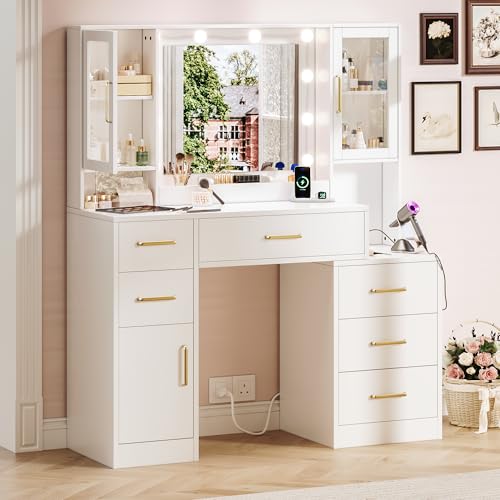 Image of Makeup Vanity Desk with Mirror and Lights, Makeup Vanity Table with Lighted Mirror, Nightstand Dressing Table with Mirror and Lights, 51 inch Big Vanity with 6 Drawers & Lots Storage Space for All Girls