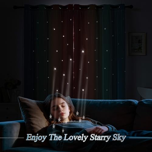 Image of indistar Dreamy Star Cutout Blackout Curtains with White Sheer,Double Layer Curtains for Girls Bedroom, Hollow Out Drapes for Nursery (2 Panel,52Wx63L,Rainbow)