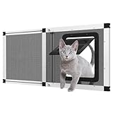 Ventilated Pet Door for Window 28.5"-32.5" Wide Adjustable, White Aluminum Frame + Stainless Steel Mesh | Breathable Bug-Proof | 4-Way Lock Magnetic Closure Cat Window Door,Cat Door for Window Insert