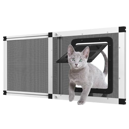 Ventilated Pet Door for Window 28.5"-32.5" Wide Adjustable, White Aluminum Frame + Stainless Steel Mesh | Breathable Bug-Proof | 4-Way Lock Magnetic Closure Cat Window Door,Cat Door for Window Insert