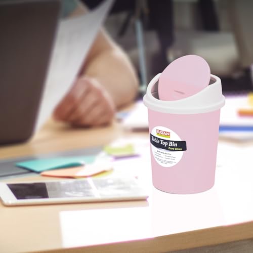 Image of RATAN PLASTICWARE Euro Clean Table Top Medium Dustbin with Swing Lid for Study Table, Desk, Kitchen Sink, Car, Kids Room | Compact and Stylish Waste Storage Garbage Bin - 2 Litre, Pink