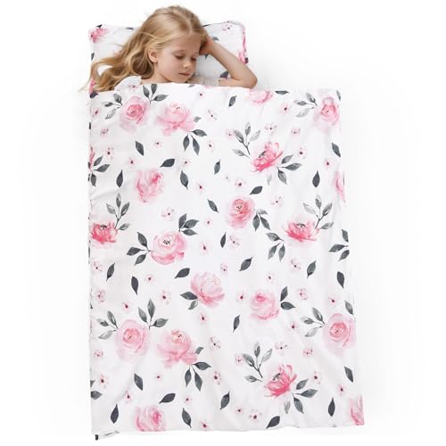 Image of PHF Soft Toddler Nap Mat with Removable Pillow, Rollup Design Kids Sleeping Mat, Slumber Bags for Girls, 50 inchx20 inch Toddler Sleeping Bag for Daycare Preschool Travel Camping, Pink Floral