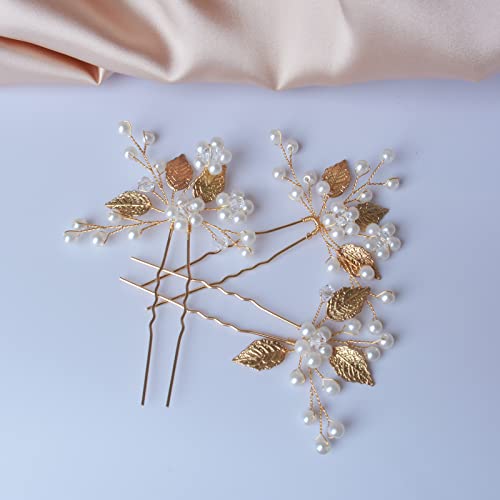 Bridal Hair Accessories, Beusoulover 3 Pieces Gold Hair Clips for Women Wedding, Bridesmaid, Flower Girl, U Shaped Bridal Flower Rhinestone Pearl Hair Pins Hair Vine Hair Piece (Gold) (Gold)