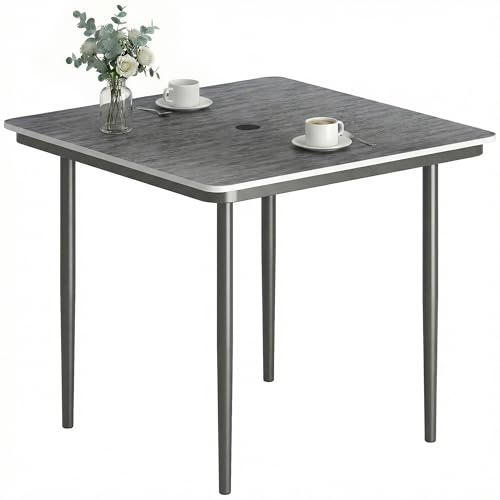 Outsunny Garden Dining Table for 4 Person, 85 cm Square Outdoor Garden Table with Umbrella Hole, Faux Wood WPC Top and Metal Legs, All Weather for Patio, Balcony, Porch, Terrace, Dark Grey