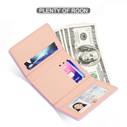 Small Slim RFID Card Wallets for Women, Trifold Leather Card Wallet Organizer, Cute Front Pocket Wallets with 7 Card Slots & ID Window, Purple3
