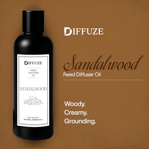 Image of DIFFUZE Sandalwood Essential Oil Reed Diffuser Refill with 10 Fibre Reed Sticks | Warm Woody Aroma Oil | Diffuser Oil for Home Fragrance | Fragrance Oil for Home