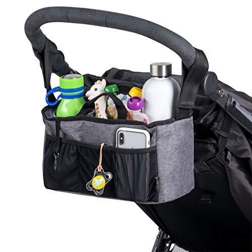 JuJuBe Stroller Caddy Organizer | On The Go | Universal Baby Stroller Organizer, Fits Most Strollers for Extra Storage | Insulated Cup Holder, Multiple Pockets | Grey