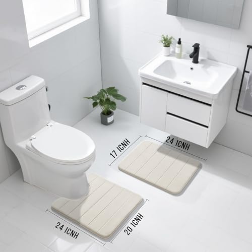 Image of Yimobra Memory Foam Bath Mat Set, 2 Piece Soft Bathroom Rugs,17x24 and 24x20.4 U-Shaped Bathroom Rug, Toilet Mat, Water Absorption, Non Slip, Thick, Dry Fast for Bathroom Floor Mat, Cream White