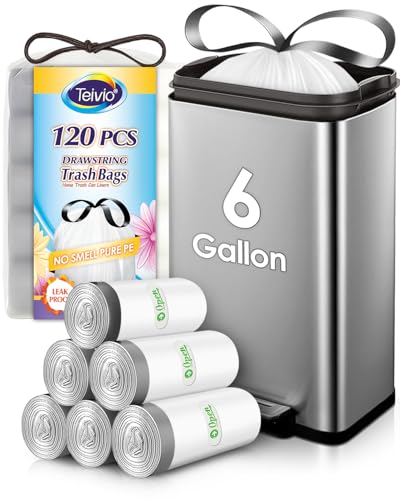 6 Gallon 120pcs Strong Drawstring Trash Bags Garbage Bags by Teivio, Bathroom Trash Can Bin Liners, Plastic Bags for home office kitchen, White