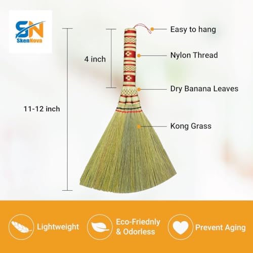 Image of (Tiny Size) 11 inch Short of Asian Whisk Broom Thai Natural Straw Broom with Embroidery Nylon Thread Handle with Nylon Hanger