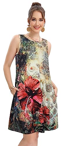 Image of elescat Women's Summer Dresses 2026 Beach Casual Sleeveless Floral Print Tank Loose Sundress with Pocket
