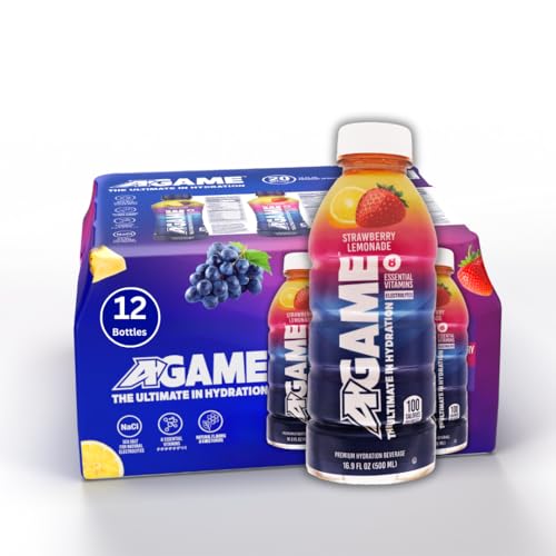 A-GAME Sports Drink, Strawberry Lemonade, The Ultimate Hydration Sports Beverage for Athletes, 8 Essential Vitamins including B, C, & E plus Natural Sea Salt Electrolytes, All Natural Flavors & Sweeteners, Gluten Free, 16.9 Fl Oz (Pack of 12)