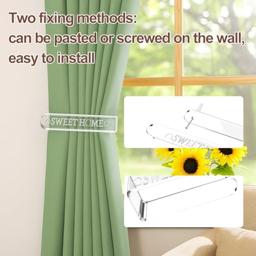 TBWHL 4Pcs Acrylic Curtain Hooks Screw-in Curtain Tiebacks Wall Mountable Curtain Holdbacks Curtain Tie Backs Paste-on Curtain Hooks for Drapes in Living Room, Kitchen, Bedroom (Transparent)