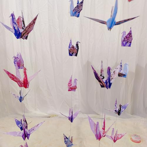 Image of Cherry Blossom Crane Paper Hanging Garlands(3stringsX 5.2ft), Japanese Flower Origami Birds Streamers for Bridal Shower, Baby Shower Birthday Party Supplies,Garden Ceiling Hanging Garland