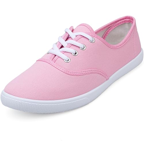 Image of Womens White Canvas Sneakers Lightweight Lace Up Fashion Comfortable Canvas Shoes Low Top Slip On Casual Tennis Walking Shoes Women Footwear