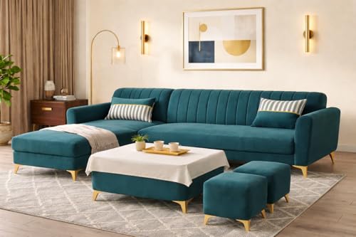 Image of Adorn India Premium Luster 8 Seater L Shape Sofa Set with 2 Puffy & 1 Center Table | Velvet Suede Fabric | 3-Year Warranty | LHS | Ocean Blue with Golden Legs & Striped Pattern Cushion