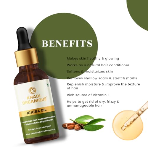 Image of Khadi Organique 100% Pure Jojoba Essential Oil with Vitamin E for Skin & Hair | Helps to Reduce Acne, Inflammation & Irritation | Ideal for Aromatherapy, Diffuser, Massage & Glowing Skin - 15ml