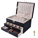 Yazikisa Organizador grande de almacenamiento de joyas con cerradura para mujeres y niñas, cajones de 3 capas, bandeja extraíble, accesorios, collares, aretes, anillos