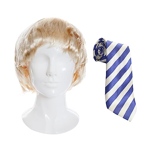 Adults Jay Accessory Set - Short Messy Blonde Wig and Blue and Beige Striped Tie - Perfect for British Icon Dress Up, Halloween & Other Fancy Dress Events Inbetween Costume TV Show