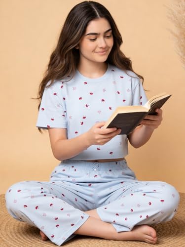 Image of Li'l Tomatoes Girls Cotton Night Suit Set | 100% Cotton Summer Co-Ord Set | Half Sleeve T-Shirt & Full Length Pajama | Soft & Breathable Printed Clothing Set | 9-16 Years