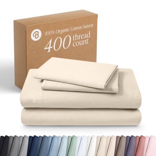 Bare Home 100% Organic Cotton Twin Sheet Set - 400 Thread Count - Smooth Sateen Weave - Breathable & Cooling - Hotel Luxury Set - Deep Pocket Bed Sheets (Twin XL, Sand)