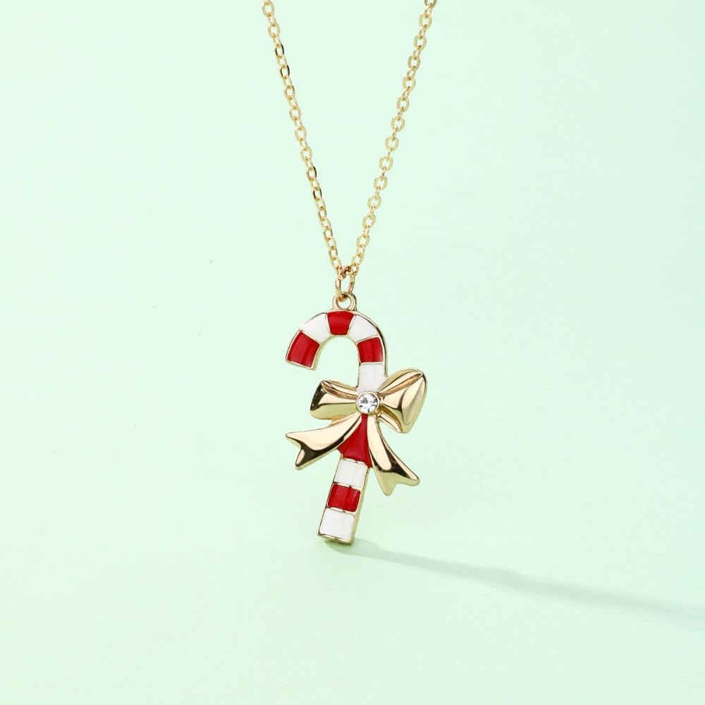 Kokoma Candy Cane Pendant Necklace for Women Cubic Zirconia Bowknot Link Chain Adjustable Stacking Christmas Choker Necklace Fashion Xmas Accessory Jewelry - Image 6