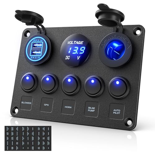 MICTUNING IP65 Waterproof 12V/24V Switch Panel, 5 Gang Rocker Switch Panel with LED light Toggle Switch Panel with Dual USB Charger Digital Voltmeter Cigarette Lighter Socket for Car Trunk Boat
