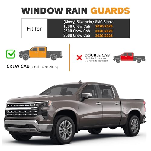 Image of Shatterproof Taped-On Window Deflectors for 2019-2025 Chevrolet (Chevy) Silverado GMC Sierra 1500 2500HD 3500HD Crew Cab, Rain Guards, Window Visors for Cars, Vent Deflector, 4pcs