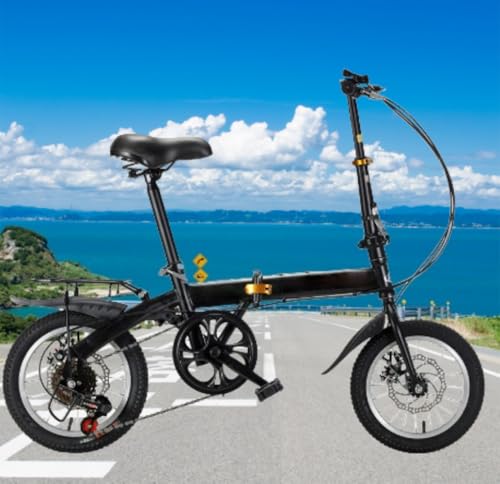 kiwet 折りたたみ変速自転車 、折畳み自転車、14/16 インチ小輪タイプ 、 軽量 高炭素鋼フレーム リアキャリア付き ディスクブレーキ搭載 前後泥除け装備 性 女性 初心者 通勤 通学 街乗り 小中学生 (ブラック,16 インチ)