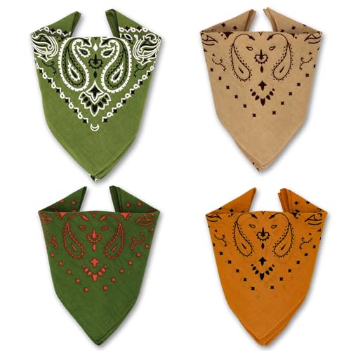 The Peacock Crew 34 Bandanas In Premium Soft Cotton For Men Women Dog Kid Bandana Paisley Pattern Scarf Neckerchief Bulk 4 Pack 4 Army Camo Green Beige Khaki cover