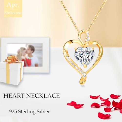 LAVUMO Heart Birthstone Necklace for Women Fine Jewelry 925 Sterling Silver Heart Necklace Dainty Pendant Anniversary Birthday Christmas Gifts for Her Girlfriend Wife Mom Lady Daughter Chain 18"+2"2