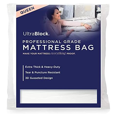 Ultrablock Mattress Bags for Moving or Storage - 6 Mil Plastic Cover, Tear and Puncture Resistant, Non-Slip Grip, Extra Thick Queen Size Bag Cover