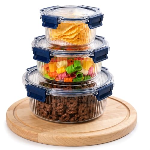 Image of Kmils Plastic Air Tight Container Set for Kitchen Storage | Clear Round Food Containers with Airtight Lock Lids | Fridge Storage Containers for Fruits, Vegetables & Herbs (400ml, 800ml, 1600ml)