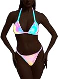 Reflective Rave Outfits for Women - Sexy Shiny Festival Halter Triangle Top Thong EDM Night Metallic Bikini Set(Holographic,L,1036e)